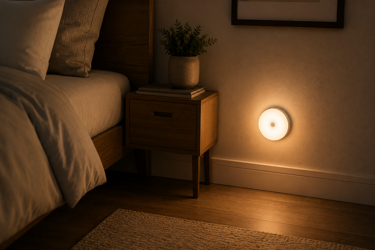 Motion Sensor Night Light lit beside a bed at night