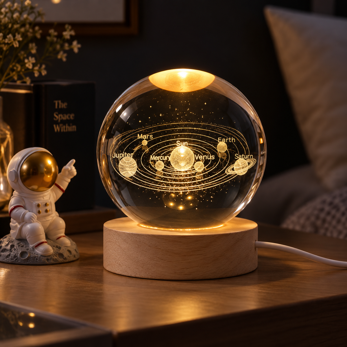 Crystal Ball Night Light with solar system engraving on a wooden base
