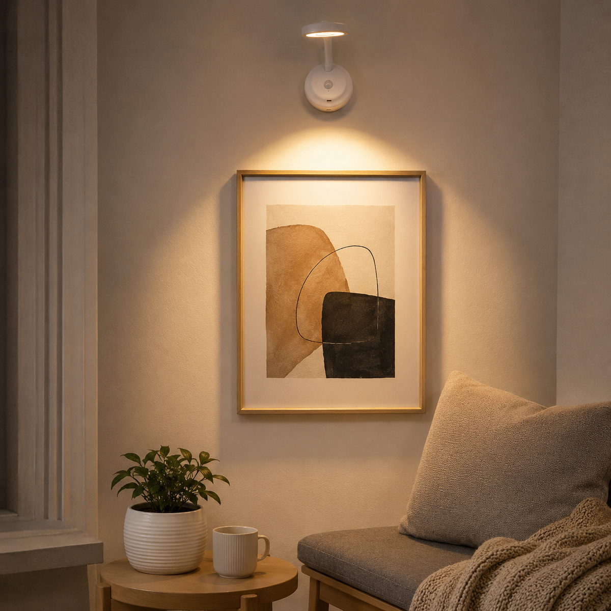 Motion Sensor Wall Light lit above framed artwork