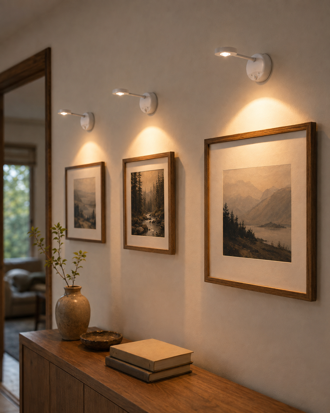 Three Motion Sensor Wall Lights lit above a row of framed pictures