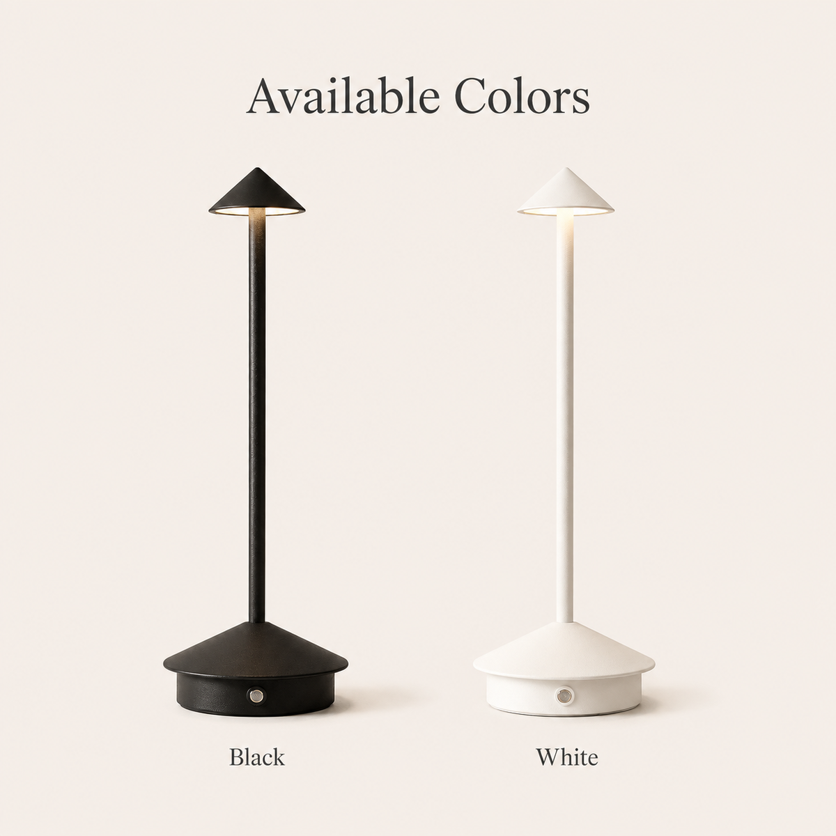 Aster Cordless Table Lamp available finishes, black and white