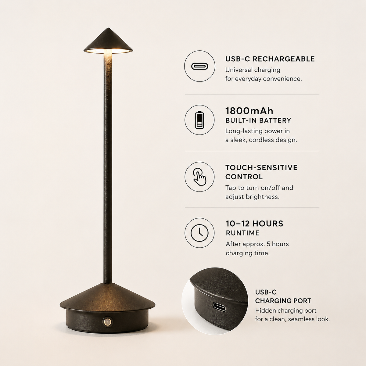 Aster Cordless Table Lamp features, USB-C rechargeable with touch control