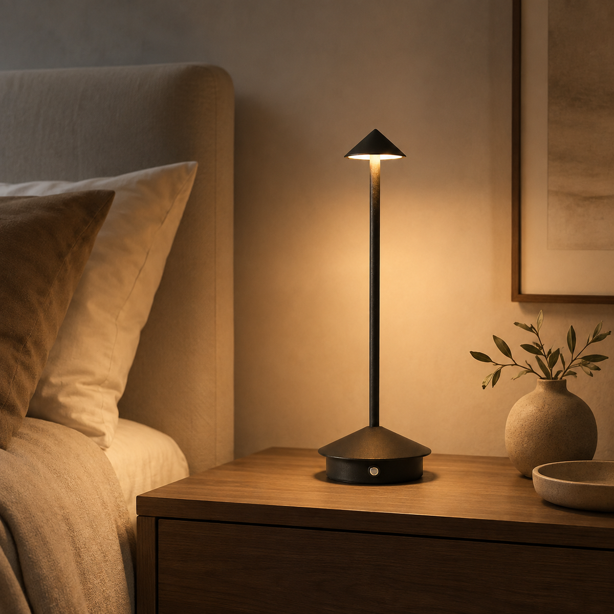 Aster Cordless Table Lamp lit on a bedside table