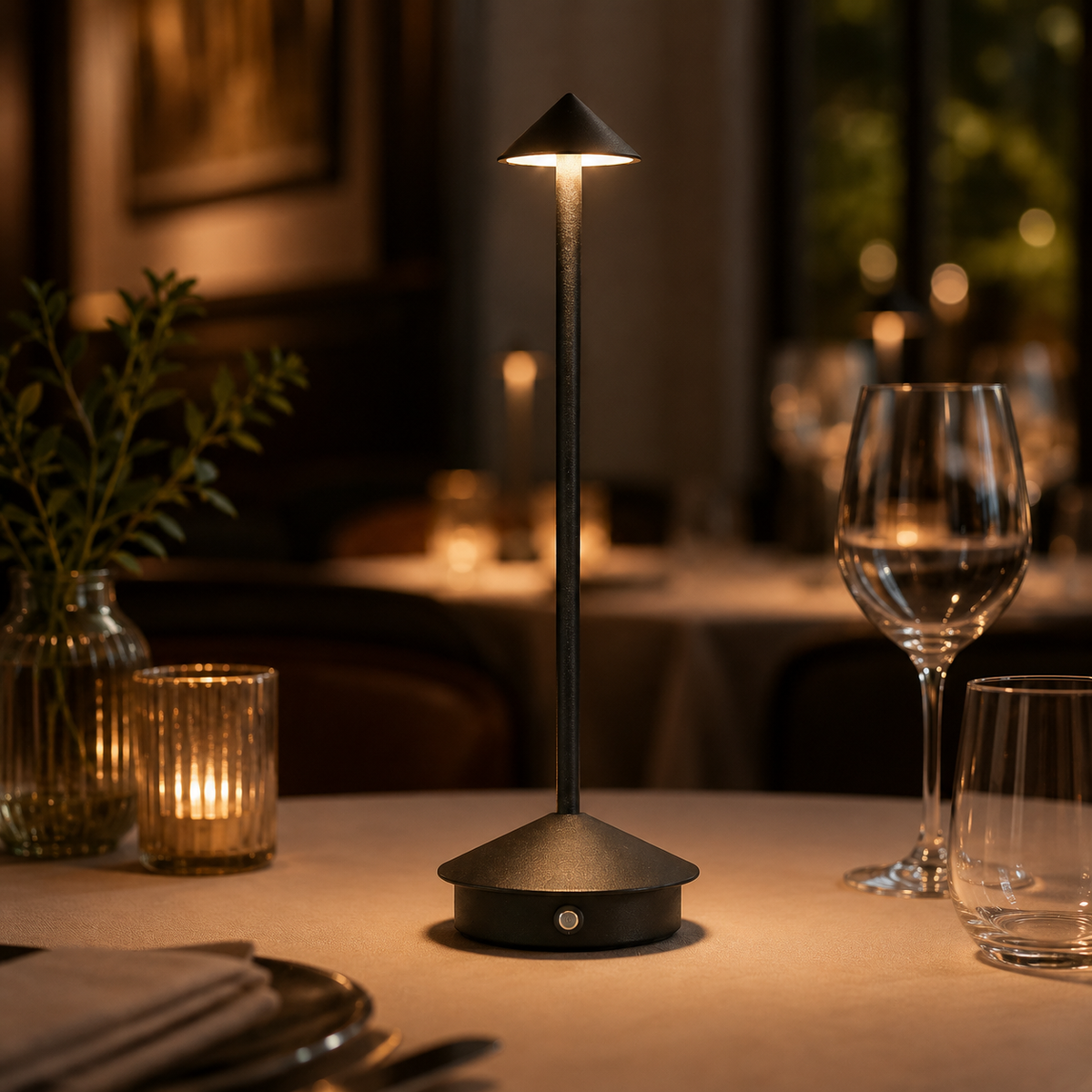 Aster Cordless Table Lamp lit on a restaurant table at night
