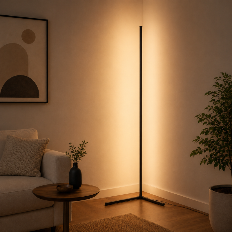 Corner Color-Changing Floor Lamp lit in warm white in a living room