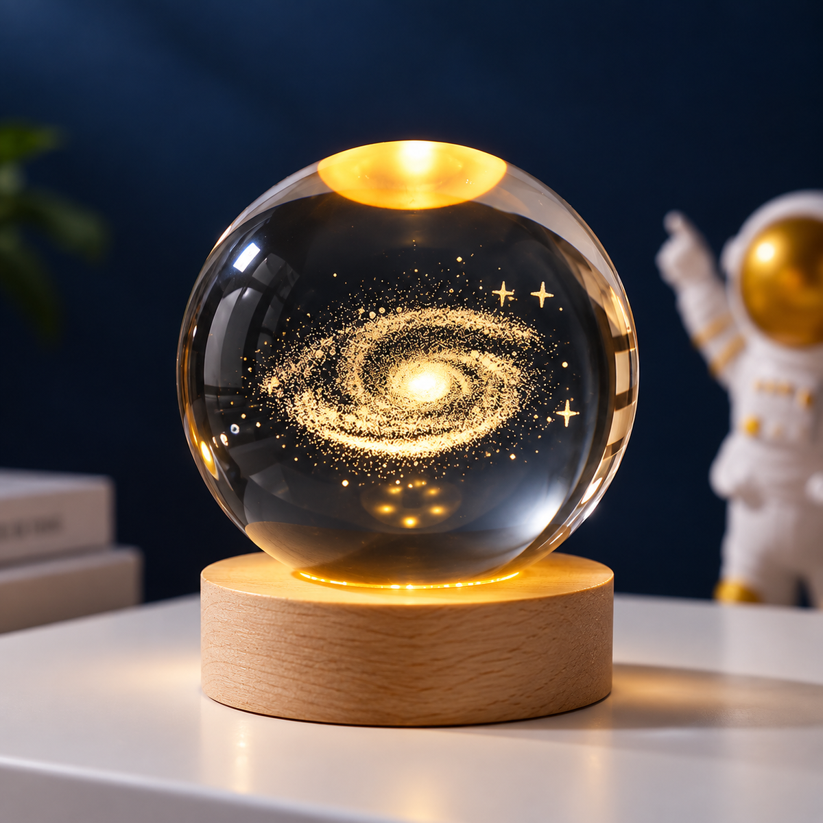 Crystal Ball Night Light with galaxy engraving, lit