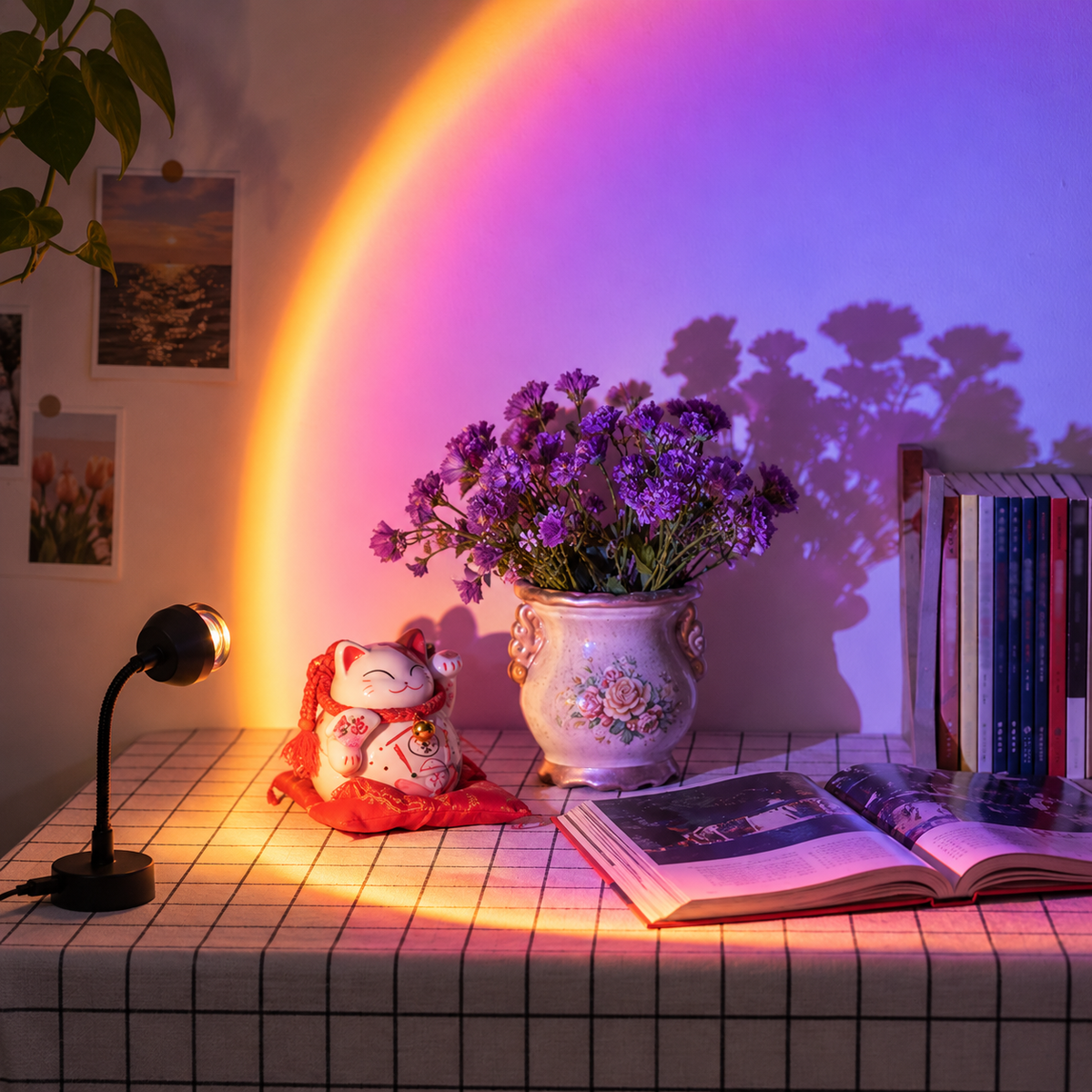 Solstice Aurora Projector effect projected behind a vase of flowers