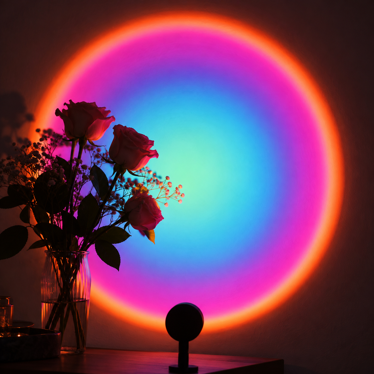 Solstice Aurora Projector effect projected on a wall behind roses
