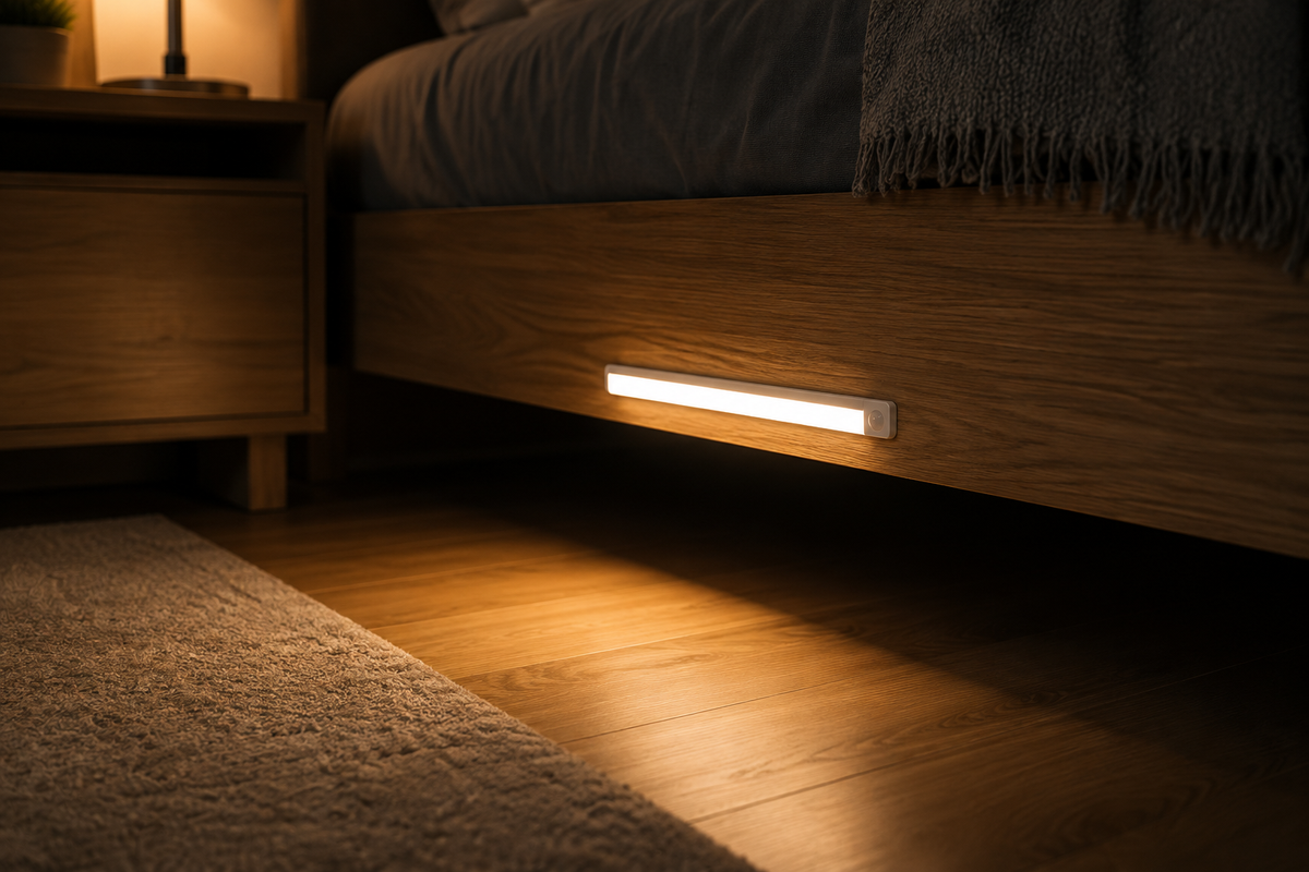 Motion sensor light bar lit under a bed frame
