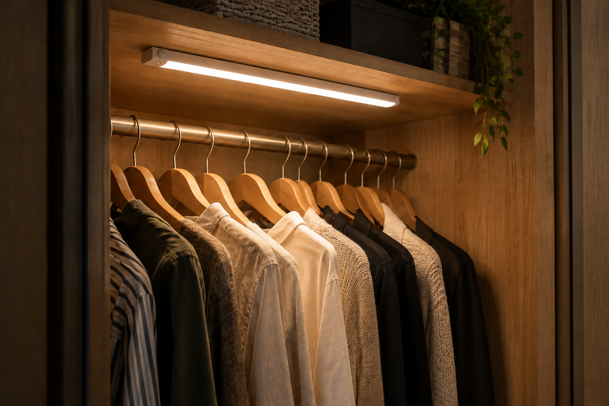 Motion sensor light bar lit inside a wardrobe above hanging clothes