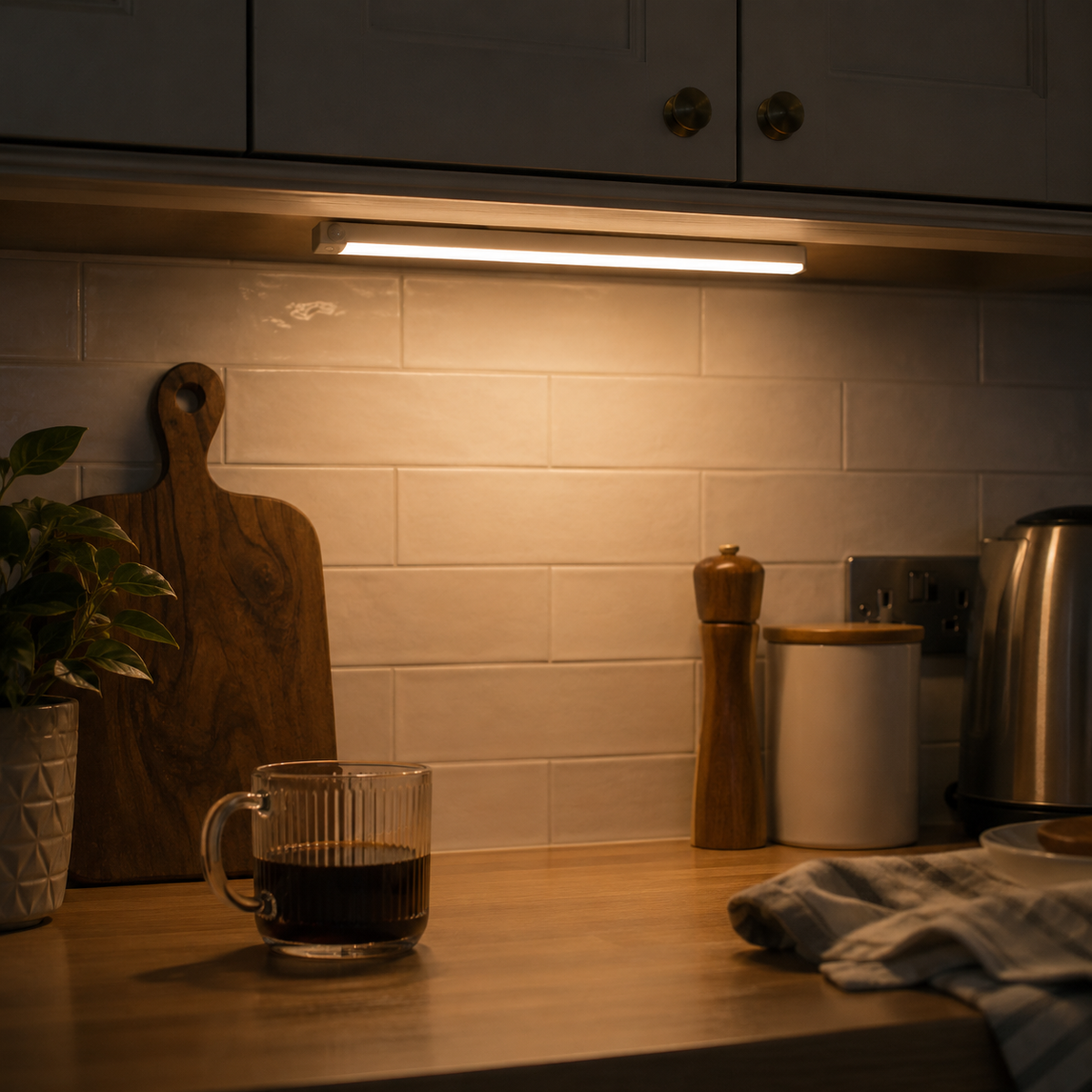 Motion sensor light bar lit under a kitchen cabinet