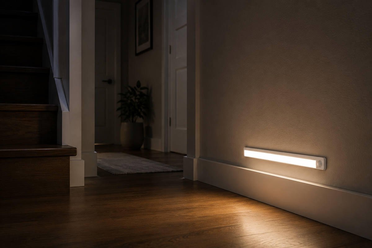 Motion sensor light bar lit along a hallway