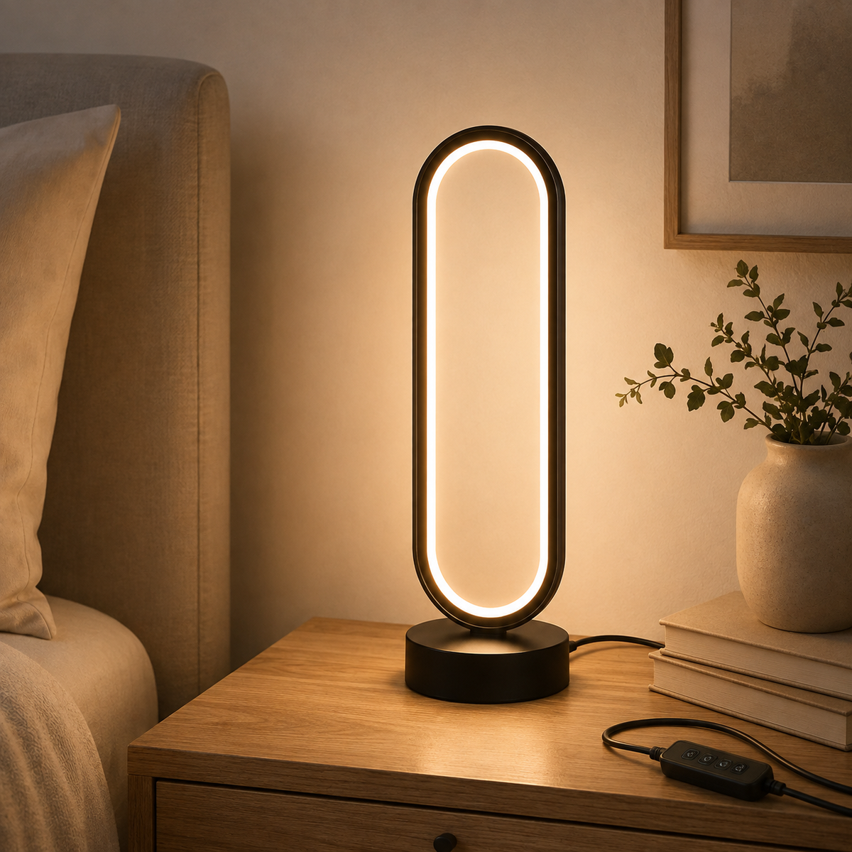 Ring Table Lamp lit on a bedside table
