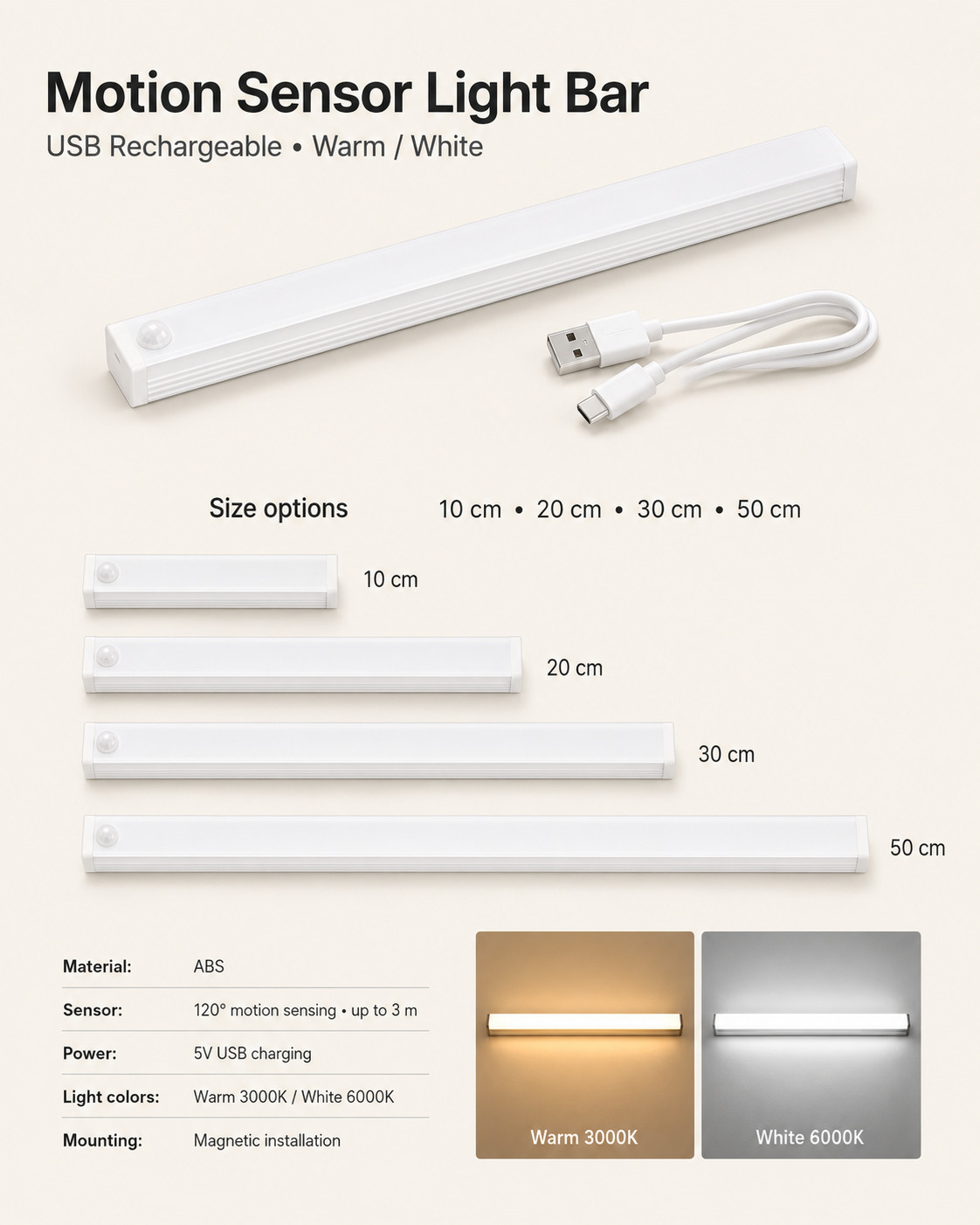 Motion sensor light bar size options and specifications graphic