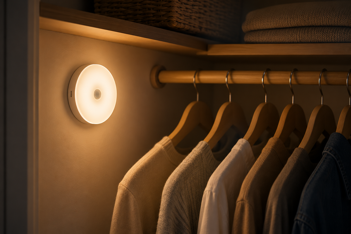 Motion Sensor Night Light lit inside a wardrobe