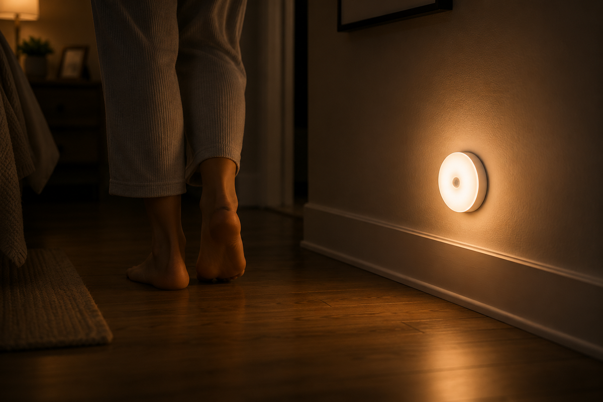 Motion Sensor Night Light lit in a hallway as a person walks past