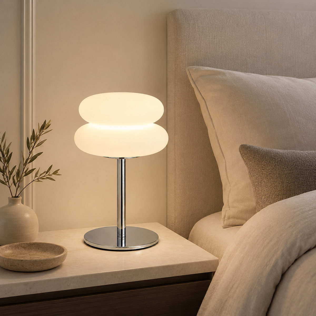 Mushroom Table Lamp lit on a bedside table