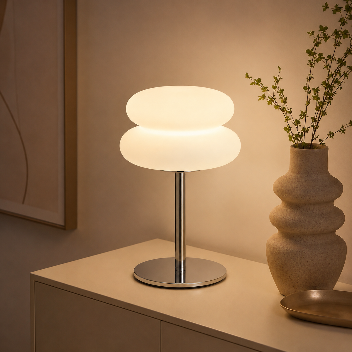 Mushroom Table Lamp lit on a shelf beside a vase