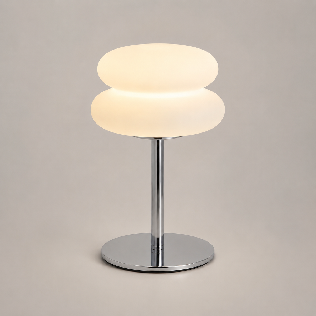 Mushroom Table Lamp in white, lit, side product view