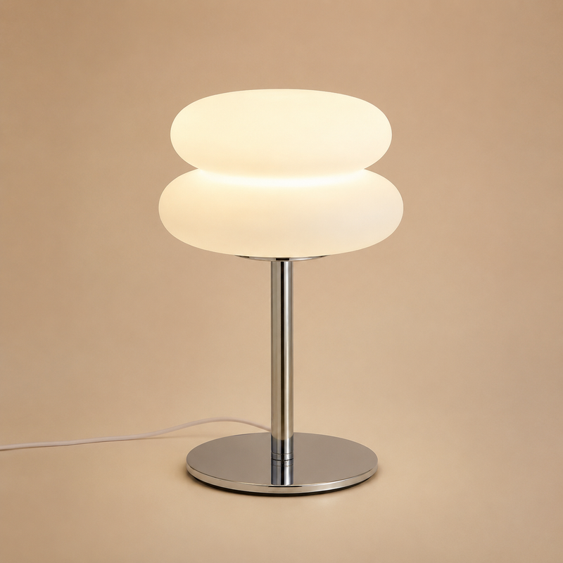 Mushroom Table Lamp in white, lit, product view
