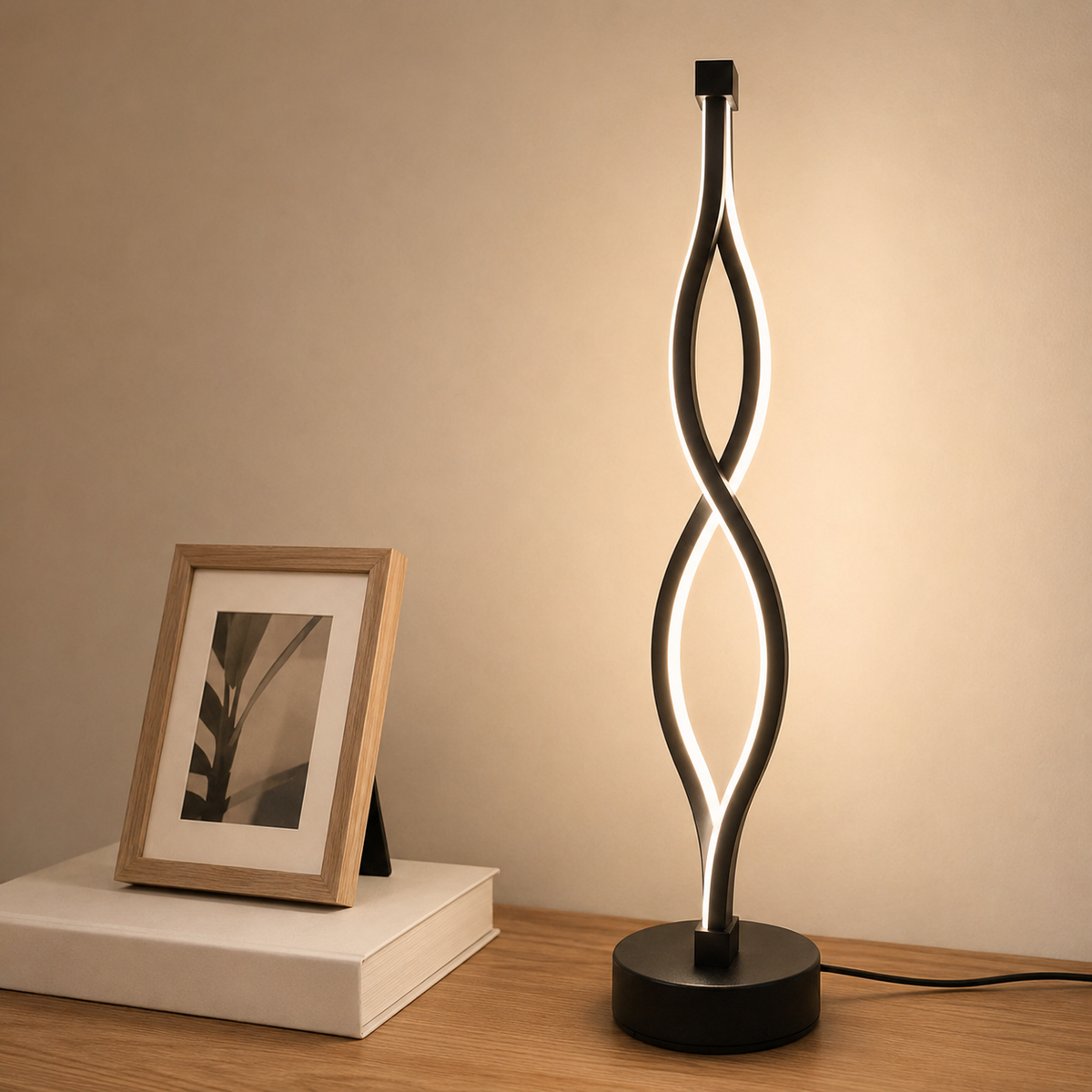 Ribbon Table Lamp lit on a sideboard beside a picture frame