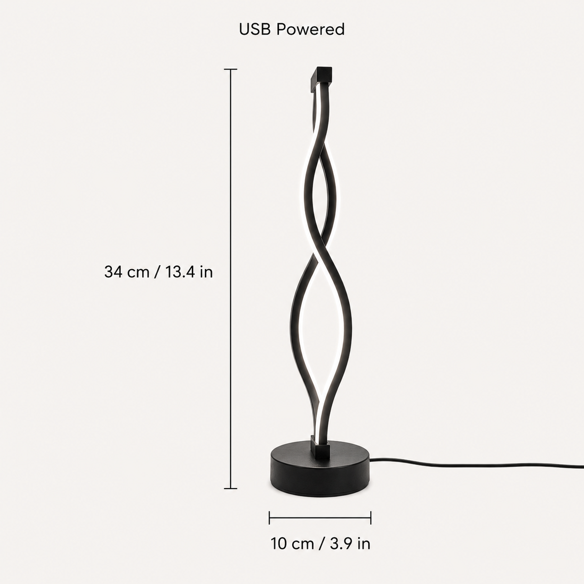 Ribbon Table Lamp dimensions, 34 cm high and 10 cm wide, USB powered