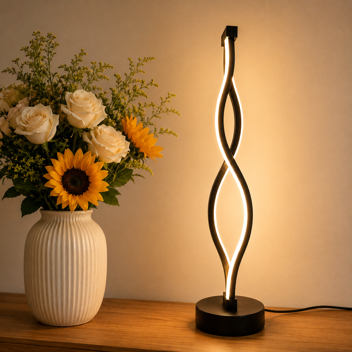 Ribbon Table Lamp lit beside a vase of sunflowers