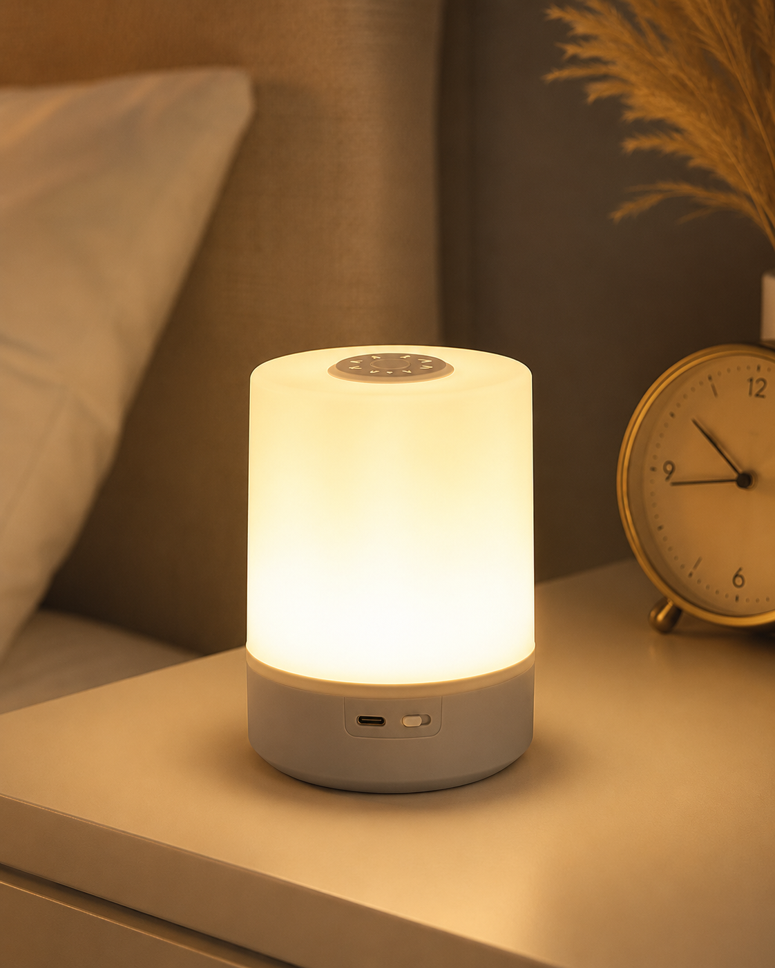 Halo Rechargeable Bedside Lamp lit on a bedside table