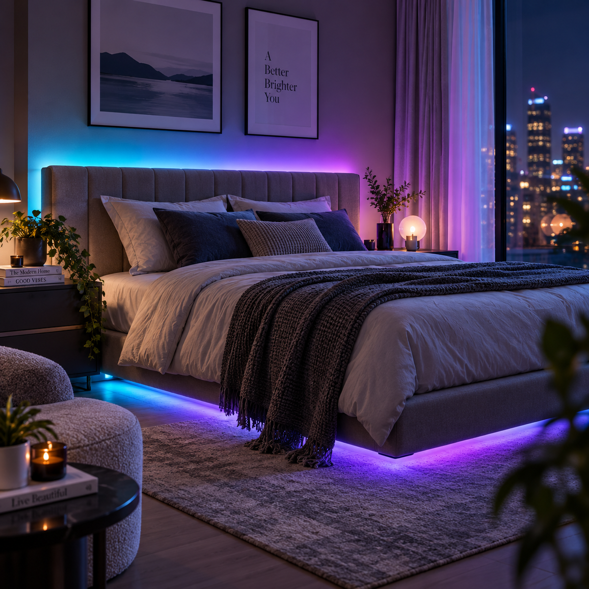 Color-Changing LED Light Strip lit in blue and purple around a bedroom