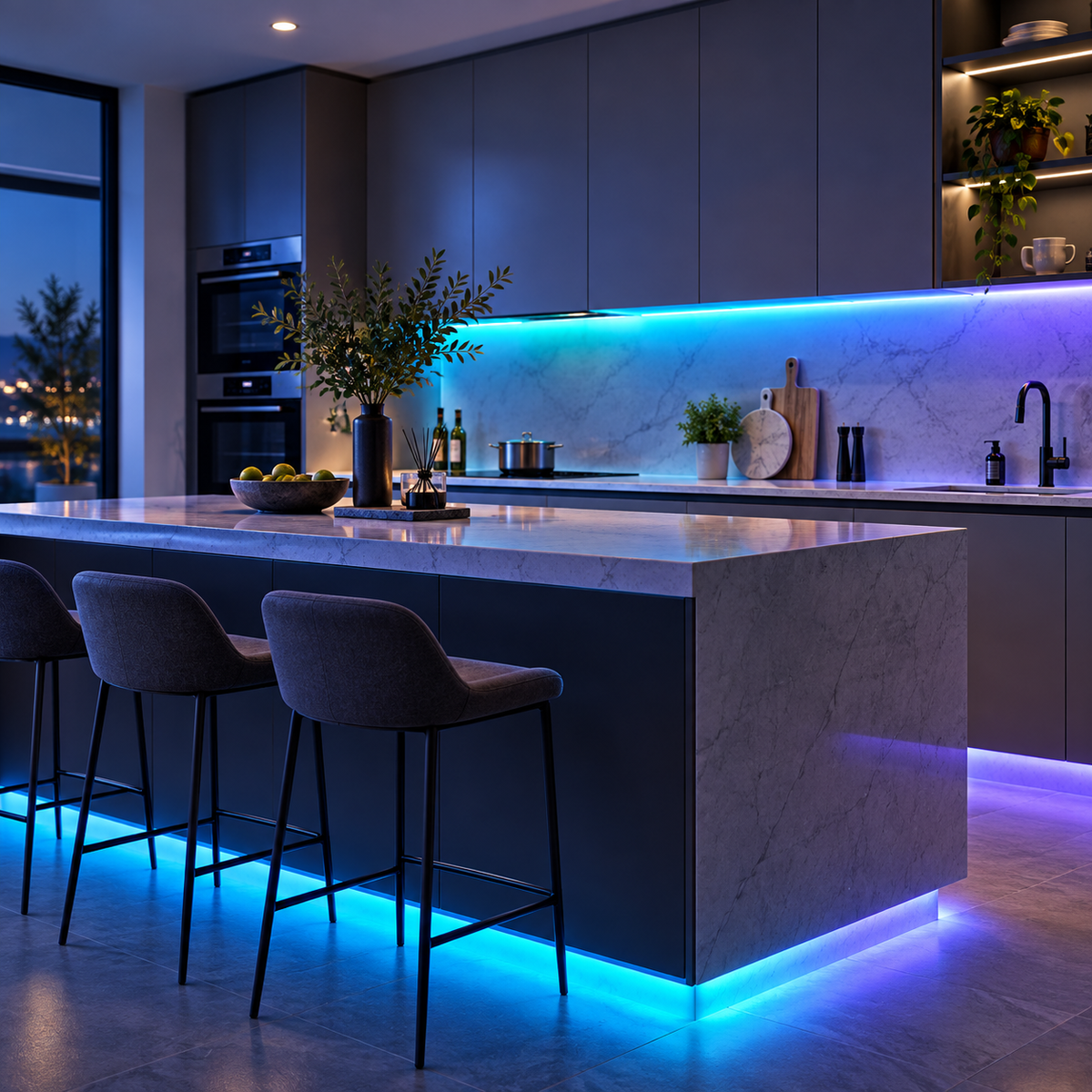 Color-Changing LED Light Strip lit in blue under kitchen counters
