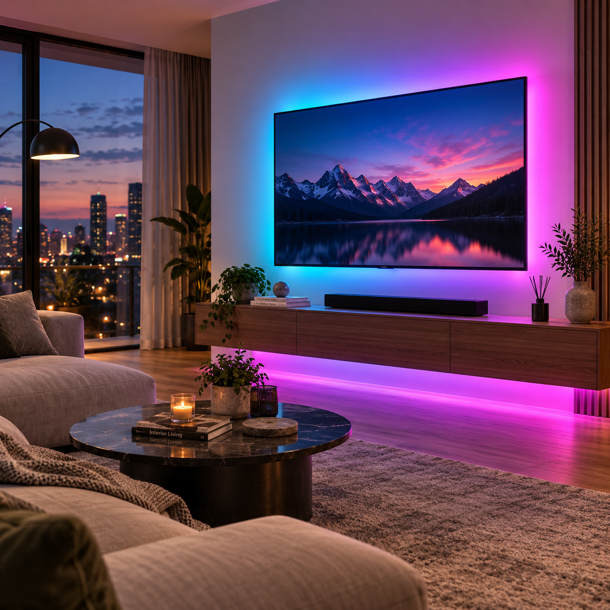 Color-Changing LED Light Strip lit in pink behind a living room television