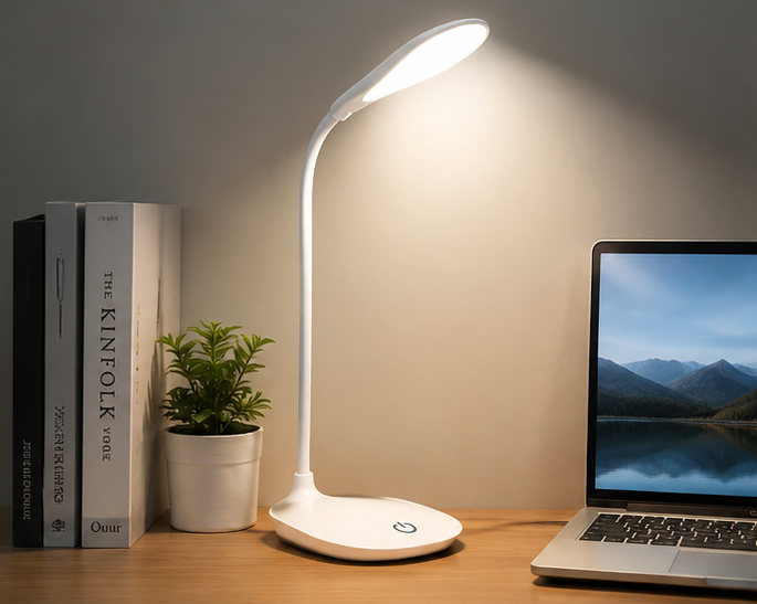 Rechargeable touch desk lamp in white, lit on a desk