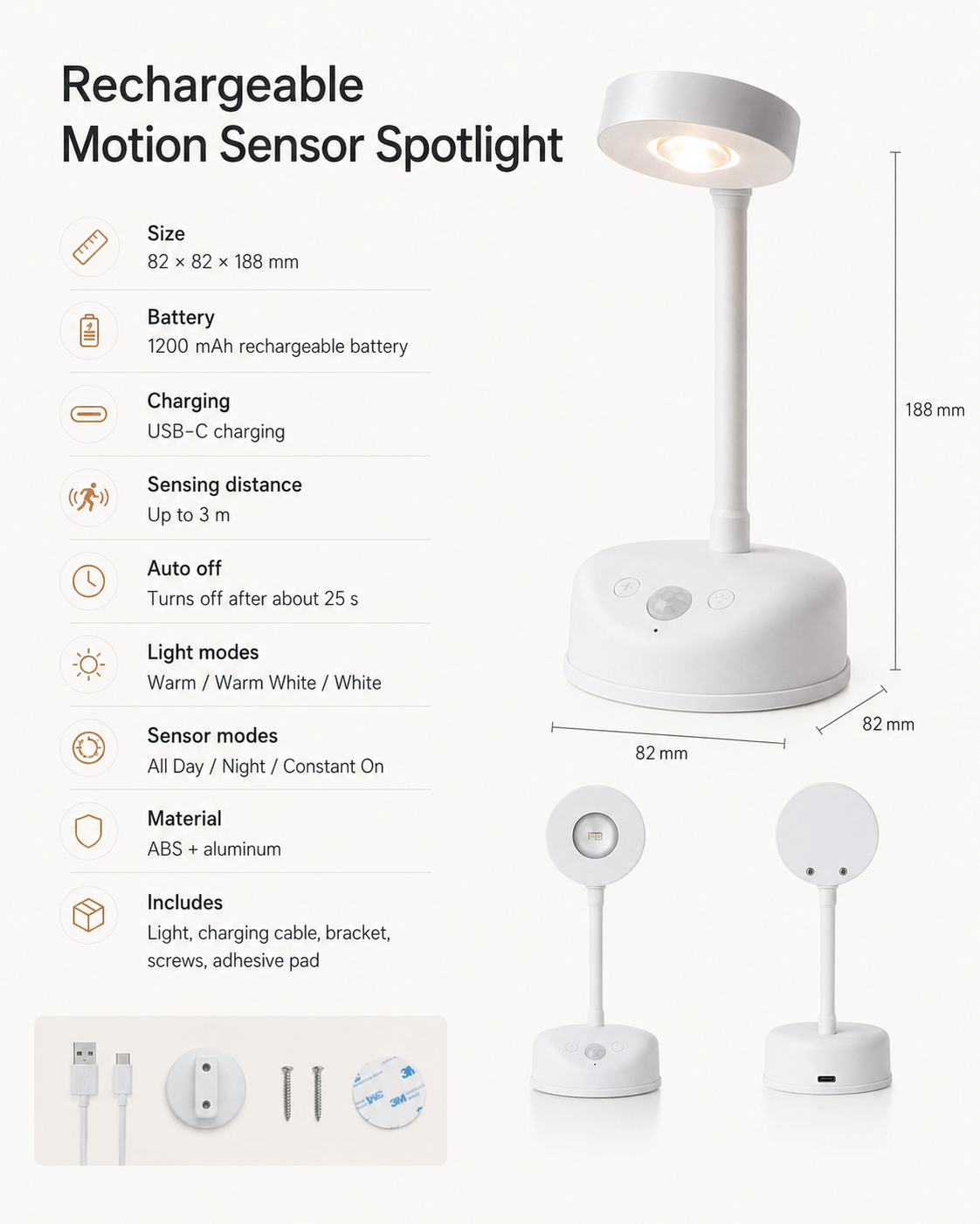 Motion Sensor Wall Light specifications and dimensions graphic