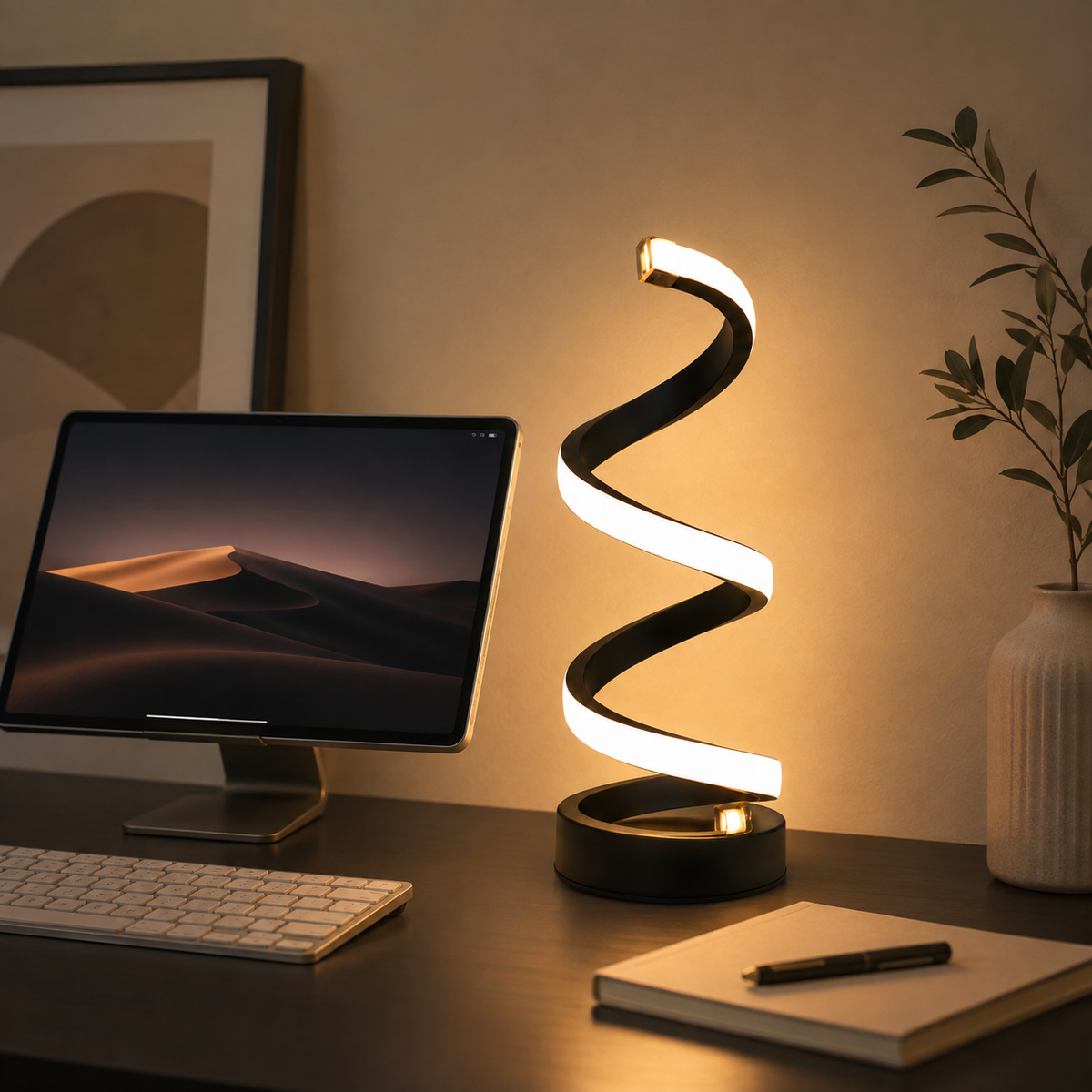 Helix Table Lamp lit on a desk beside a monitor