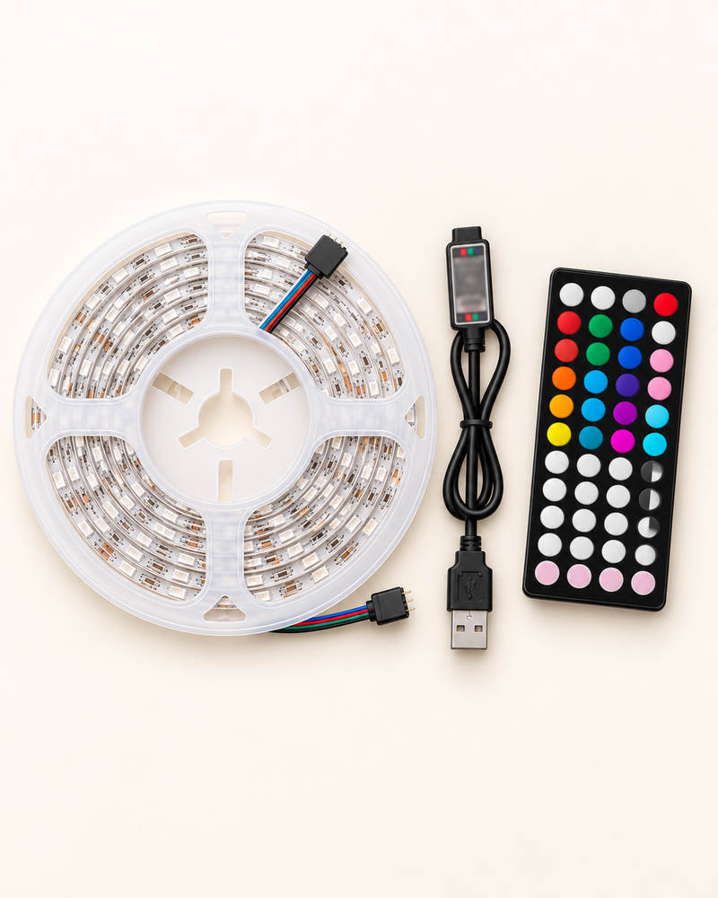 LED light strip reel with four-pin connector, USB controller and 44-button remote