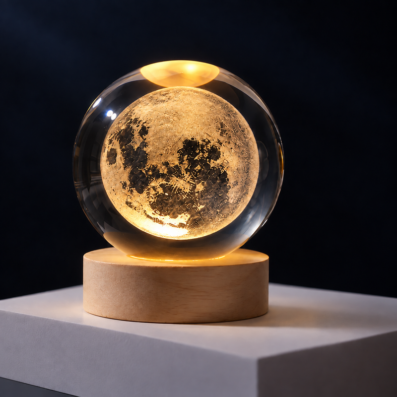 Crystal Ball Night Light with moon engraving lit on a wood base