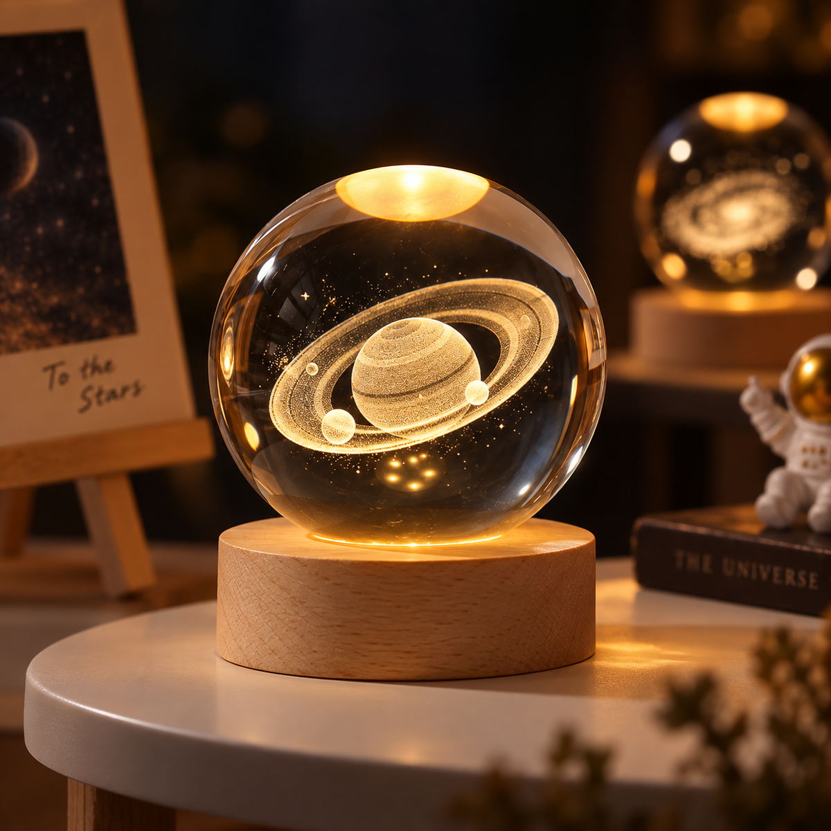 Crystal Ball Night Light with Saturn engraving, lit