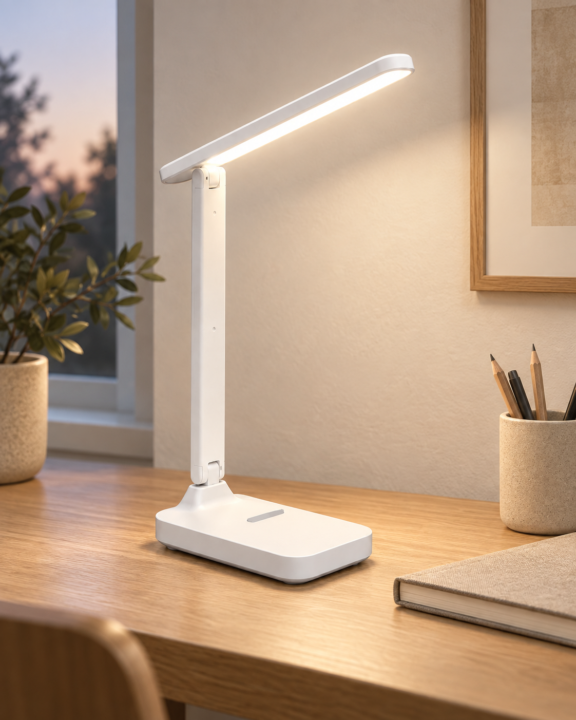 Folding desk lamp in white, lit on a desk