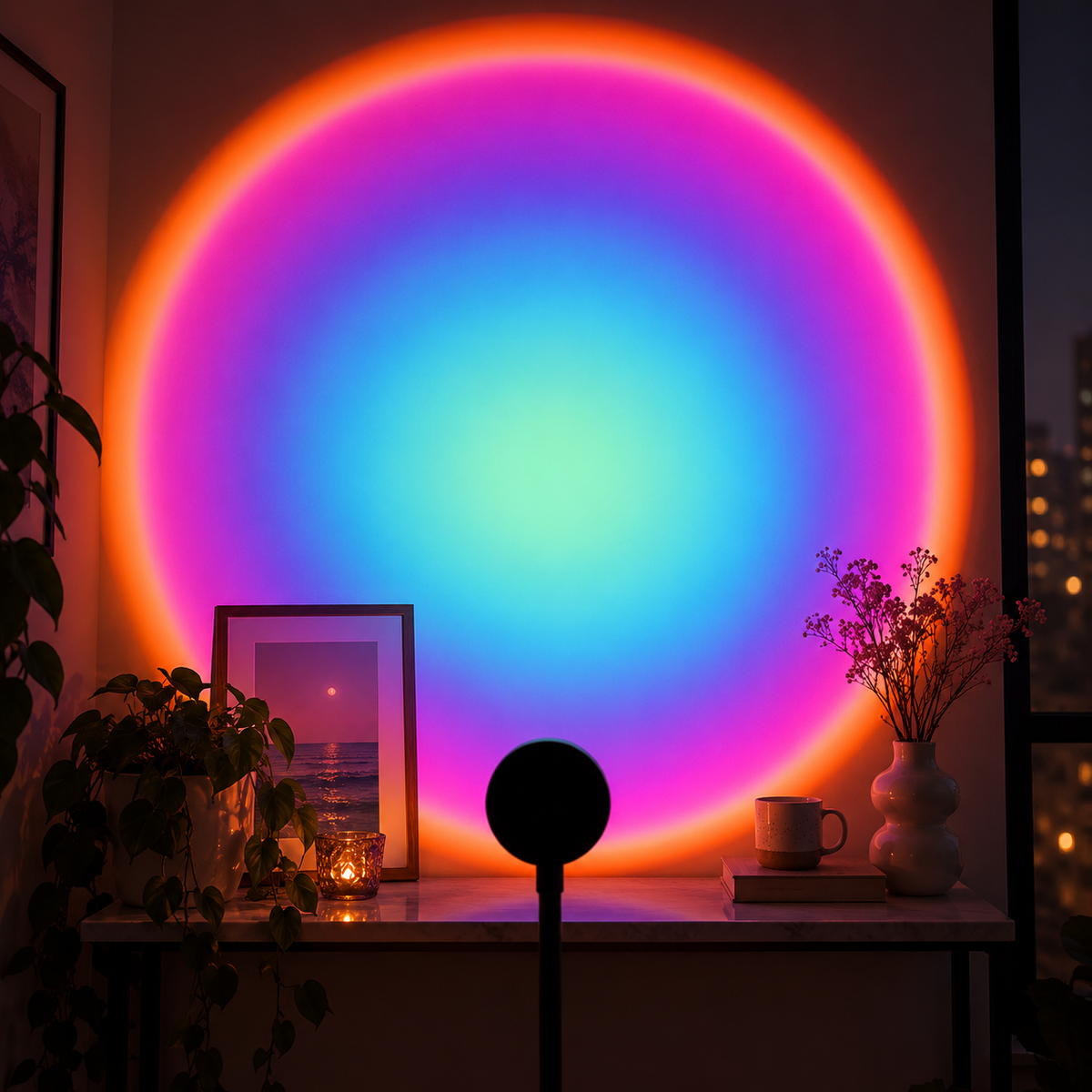 Solstice Aurora Projector effect projected on a wall above a console