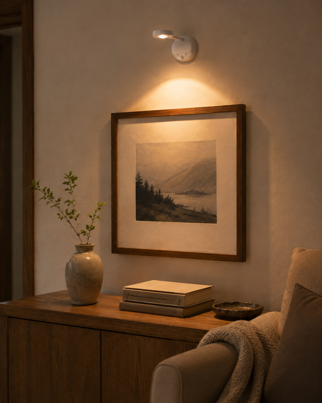 Motion Sensor Wall Light lit above a framed picture on a sideboard