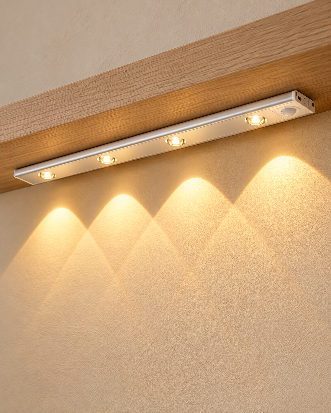 Slim Motion Sensor Light Bar mounted under a cabinet with four light points