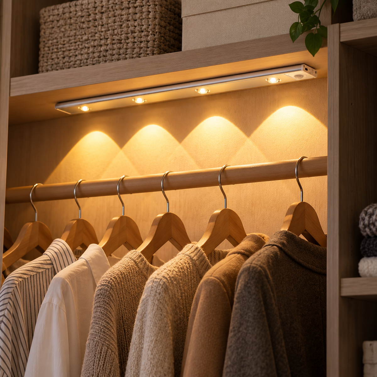 Slim Motion Sensor Light Bar lit inside a wardrobe
