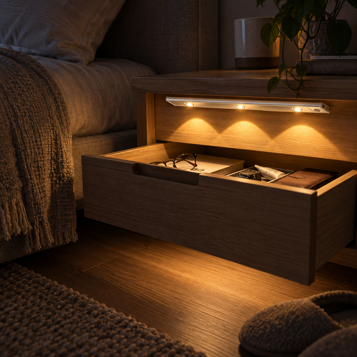 Slim Motion Sensor Light Bar lit inside a storage drawer