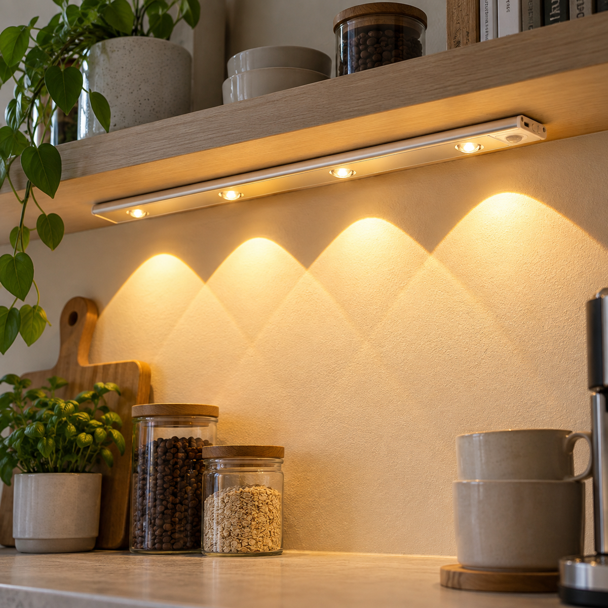 Slim Motion Sensor Light Bar lit under a kitchen shelf