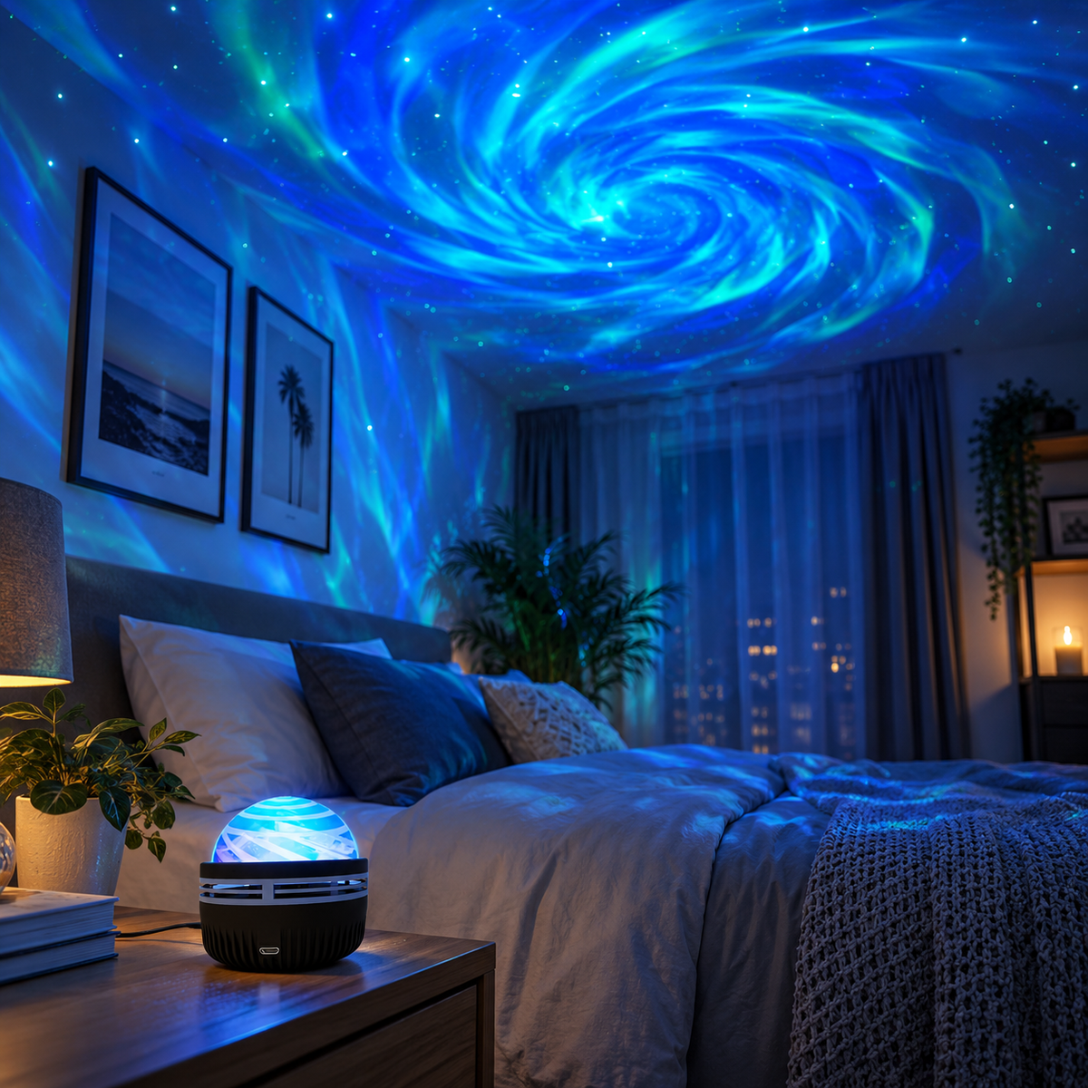 Galaxy Star Projector effect projected across a bedroom