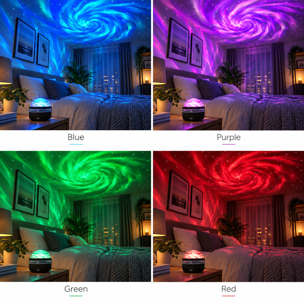 Galaxy Star Projector colour options, blue, purple, green and red