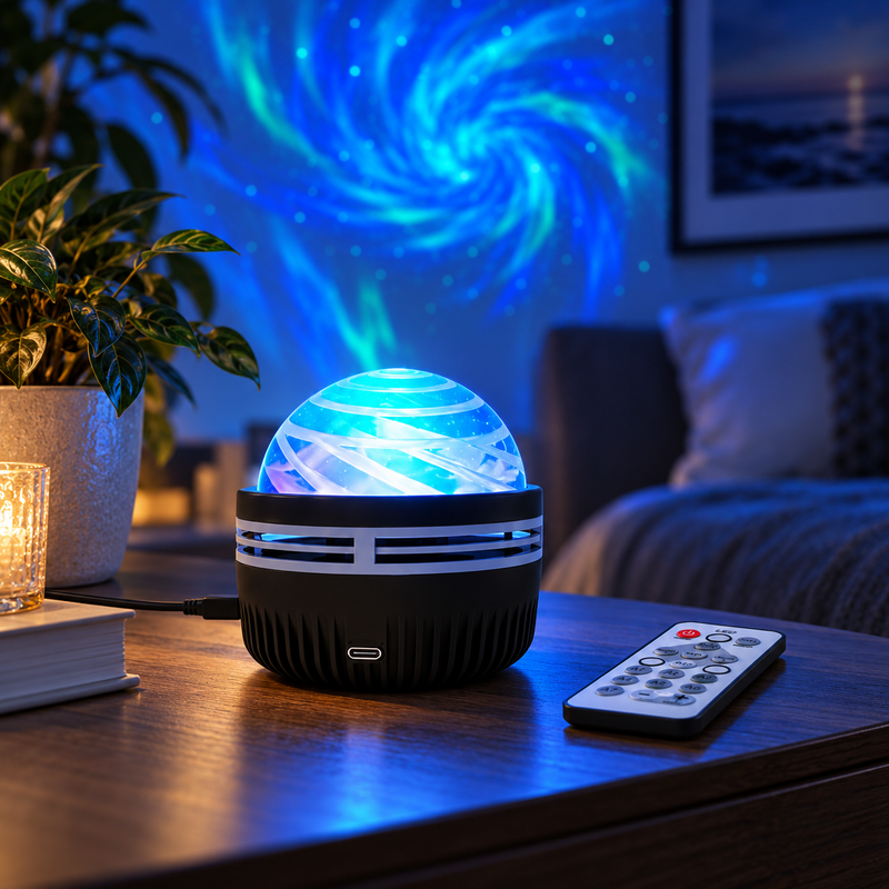 Galaxy Star Projector with remote control on a table