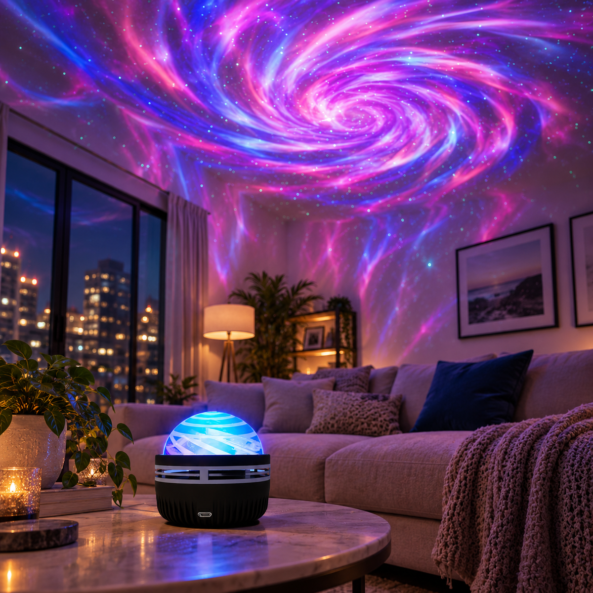 Galaxy Star Projector effect projected across a living room